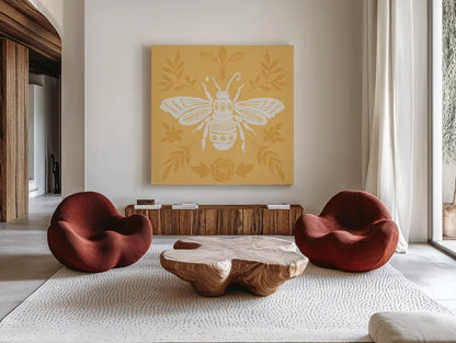 Bugs And Botanicals VII by Anne Tavoletti. Shown as extra-large giant wall art in a modern living room. Available as an archival giclee rolled canvas, fine art paper, or poster print. SKU 93829a.