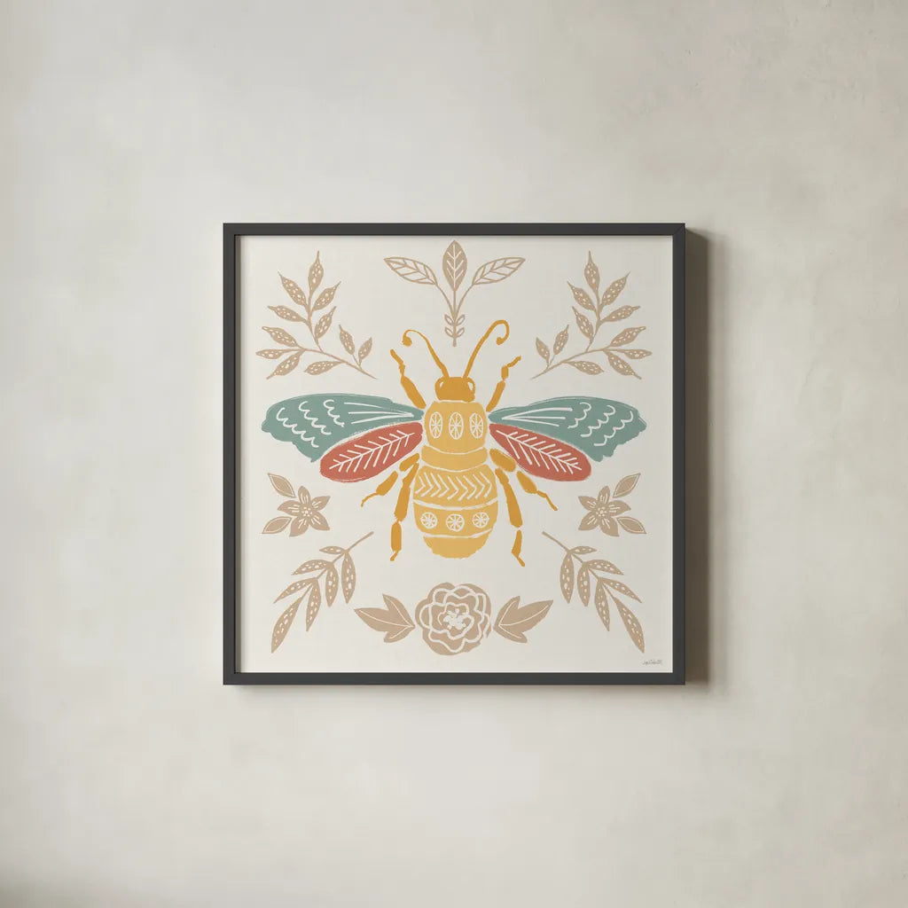 Bugs And Botanicals VII Color by Anne Tavoletti. Shown in a sleek black glass frame for a contemporary gallery look. Available as an archival giclee rolled canvas, fine art paper, or poster print. SKU 93838a.