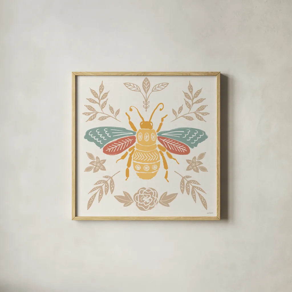 Bugs And Botanicals VII Color by Anne Tavoletti. Shown in a natural wood glass frame for a timeless modern aesthetic. Available as an archival giclee rolled canvas, fine art paper, or poster print. SKU 93838a.