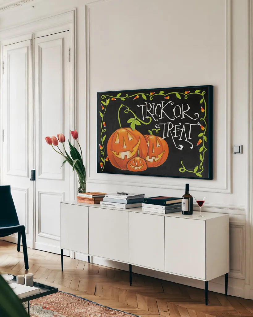 Candy  Corn v2 by Anne Tavoletti. shown as a framed stretched canvas in a living room above a console. Available as a archival giclee rolled canvas, fine art paper, or poster print. SKU 56634i.