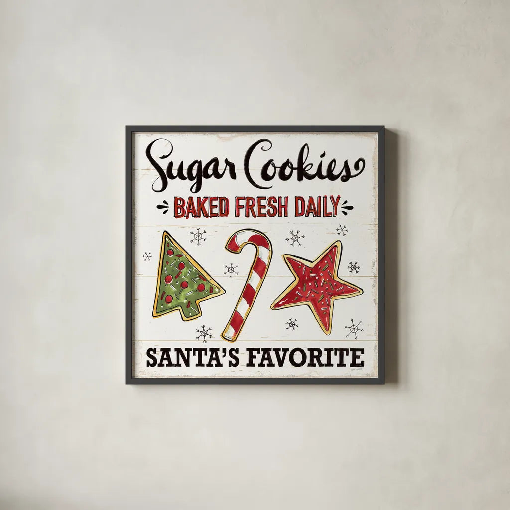Christmas Treats II by Anne Tavoletti. Shown in a sleek black glass frame for a contemporary gallery look. Available as an archival giclee rolled canvas, fine art paper, or poster print. SKU 70373a.