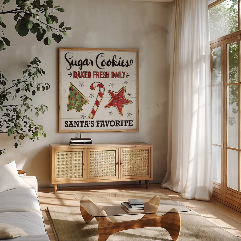 Christmas Treats II by Anne Tavoletti. Shown in a natural wood frame in a cozy modern living room. Available as an archival giclee rolled canvas, fine art paper, or poster print. SKU 70373a.