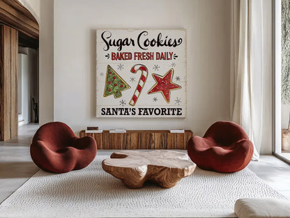 Christmas Treats II by Anne Tavoletti. Shown as extra-large giant wall art in a modern living room. Available as an archival giclee rolled canvas, fine art paper, or poster print. SKU 70373a.