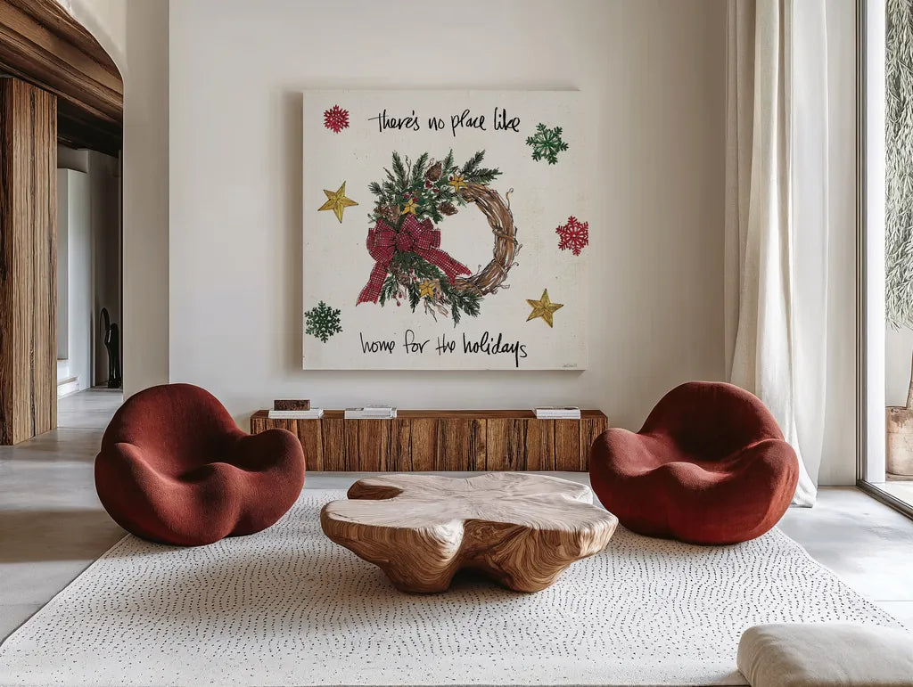 Christmas in the Woods IV by Anne Tavoletti. Shown as extra-large giant wall art in a modern living room. Available as an archival giclee rolled canvas, fine art paper, or poster print. SKU 57593a.