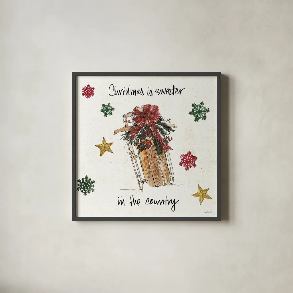 Christmas in the Woods V by Anne Tavoletti. Shown in a sleek black glass frame for a contemporary gallery look. Available as an archival giclee rolled canvas, fine art paper, or poster print. SKU 57594a.