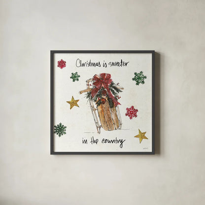 Christmas in the Woods V by Anne Tavoletti. Shown in a sleek black glass frame for a contemporary gallery look. Available as an archival giclee rolled canvas, fine art paper, or poster print. SKU 57594a.