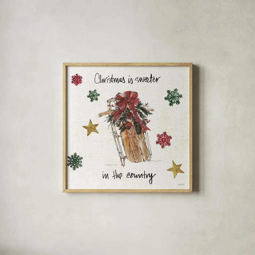 Christmas in the Woods V by Anne Tavoletti. Shown in a natural wood glass frame for a timeless modern aesthetic. Available as an archival giclee rolled canvas, fine art paper, or poster print. SKU 57594a.