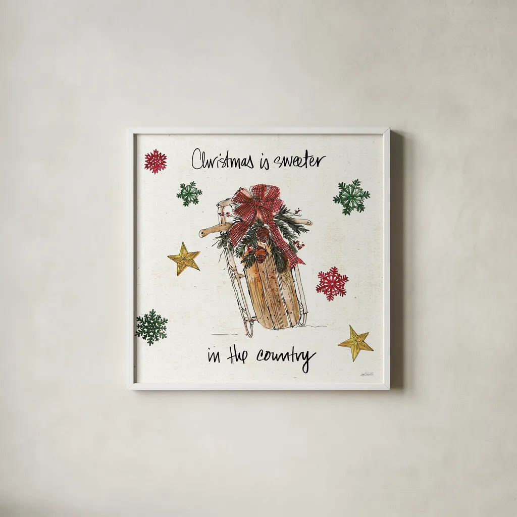 Christmas in the Woods V by Anne Tavoletti. Shown in a crisp white glass frame for a clean and minimalist style. Available as an archival giclee rolled canvas, fine art paper, or poster print. SKU 57594a.