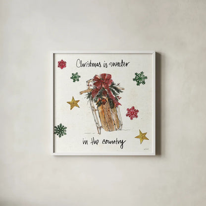 Christmas in the Woods V by Anne Tavoletti. Shown in a crisp white glass frame for a clean and minimalist style. Available as an archival giclee rolled canvas, fine art paper, or poster print. SKU 57594a.