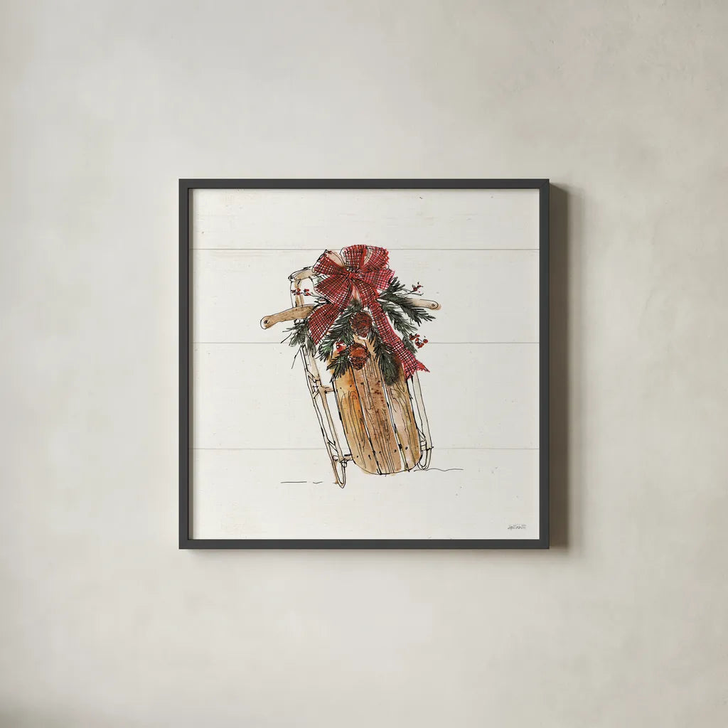 Christmas in the Woods V No Words by Anne Tavoletti. Shown in a sleek black glass frame for a contemporary gallery look. Available as an archival giclee rolled canvas, fine art paper, or poster print. SKU 66634a.