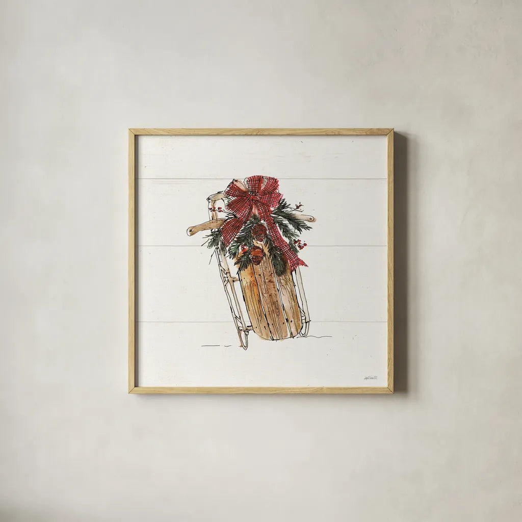 Christmas in the Woods V No Words by Anne Tavoletti. Shown in a natural wood glass frame for a timeless modern aesthetic. Available as an archival giclee rolled canvas, fine art paper, or poster print. SKU 66634a.