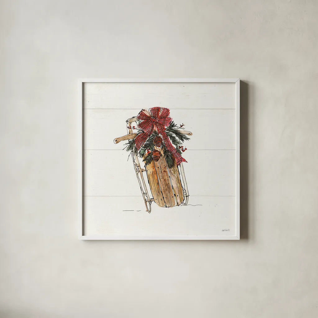 Christmas in the Woods V No Words by Anne Tavoletti. Shown in a crisp white glass frame for a clean and minimalist style. Available as an archival giclee rolled canvas, fine art paper, or poster print. SKU 66634a.