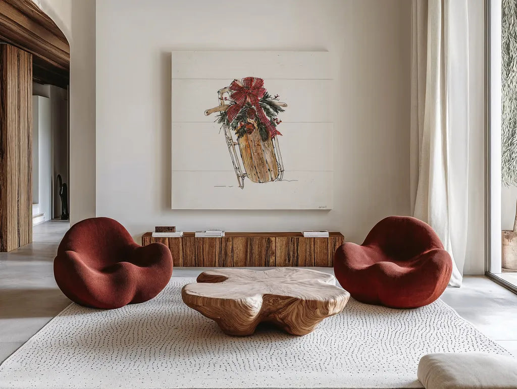 Christmas in the Woods V No Words by Anne Tavoletti. Shown as extra-large giant wall art in a modern living room. Available as an archival giclee rolled canvas, fine art paper, or poster print. SKU 66634a.