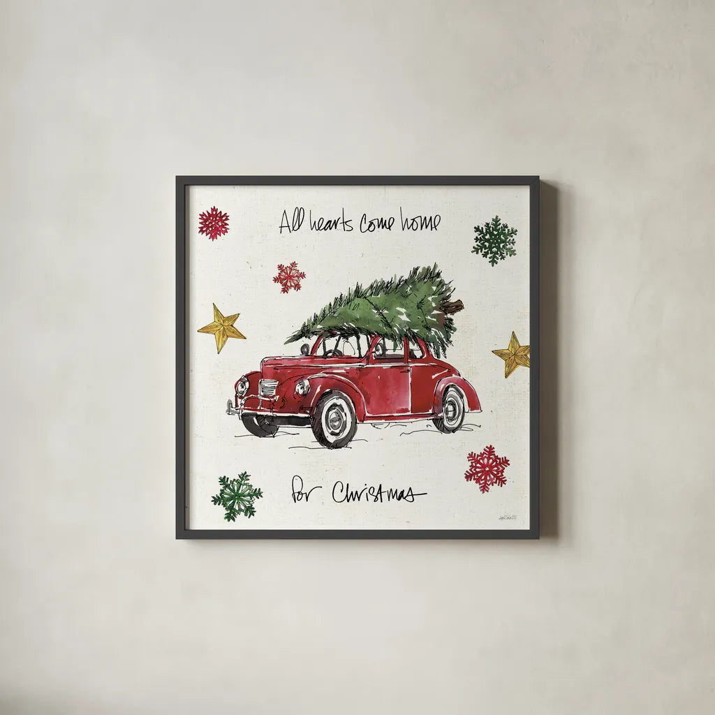 Christmas in the Woods VI by Anne Tavoletti. Shown in a sleek black glass frame for a contemporary gallery look. Available as an archival giclee rolled canvas, fine art paper, or poster print. SKU 57595a.