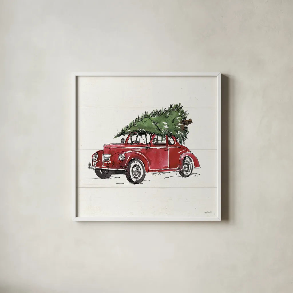 Christmas in the Woods VI No Words by Anne Tavoletti. Shown in a crisp white glass frame for a clean and minimalist style. Available as an archival giclee rolled canvas, fine art paper, or poster print. SKU 66635a.