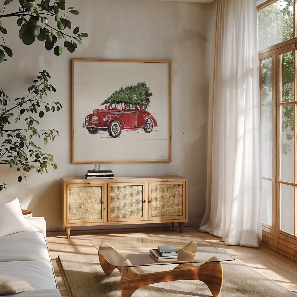 Christmas in the Woods VI No Words by Anne Tavoletti. Shown in a natural wood frame in a cozy modern living room. Available as an archival giclee rolled canvas, fine art paper, or poster print. SKU 66635a.