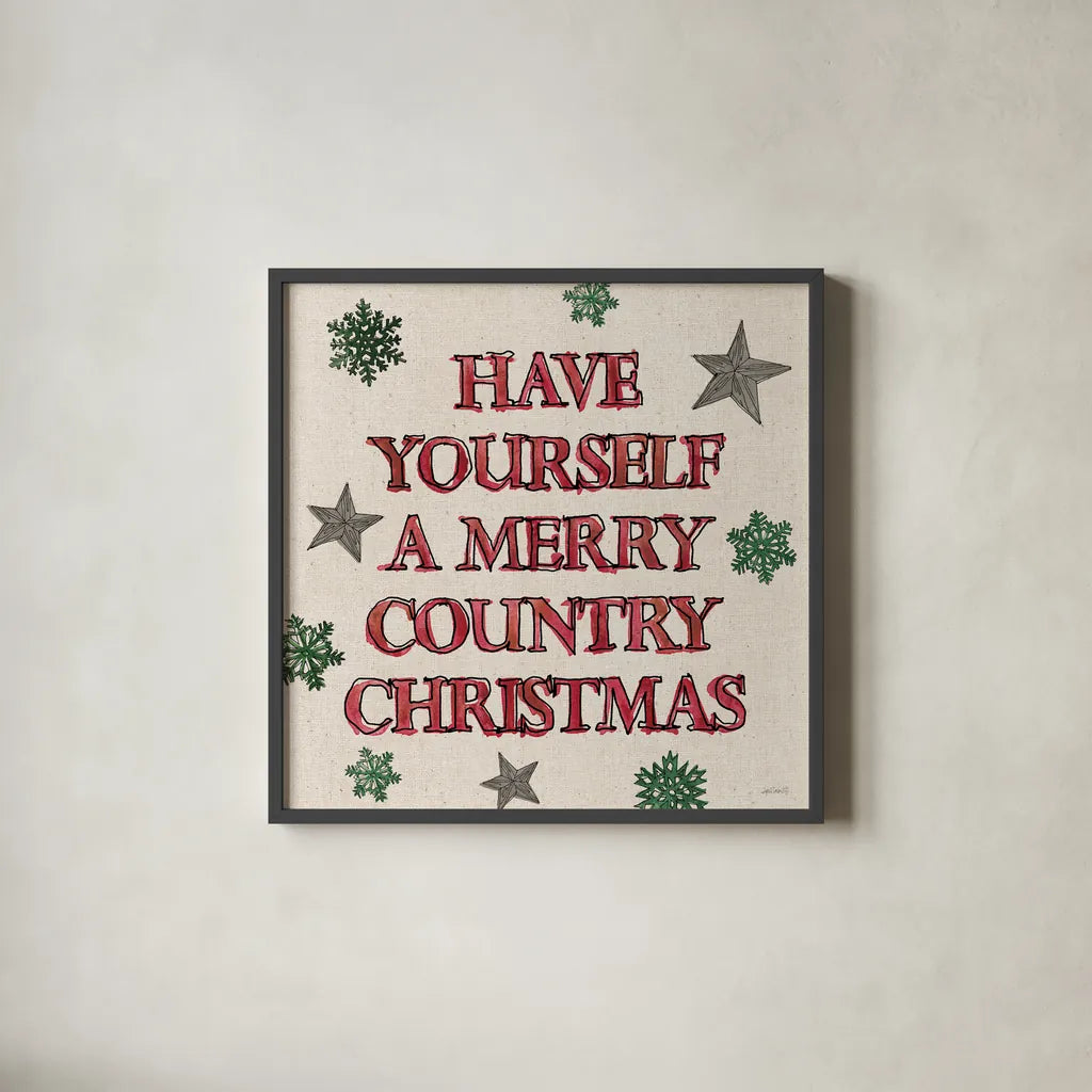 Christmas in the Woods VII Linen by Anne Tavoletti. Shown in a sleek black glass frame for a contemporary gallery look. Available as an archival giclee rolled canvas, fine art paper, or poster print. SKU 65277a.