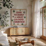 Christmas in the Woods VII Linen by Anne Tavoletti. Shown in a natural wood frame in a cozy modern living room. Available as an archival giclee rolled canvas, fine art paper, or poster print. SKU 65277a.