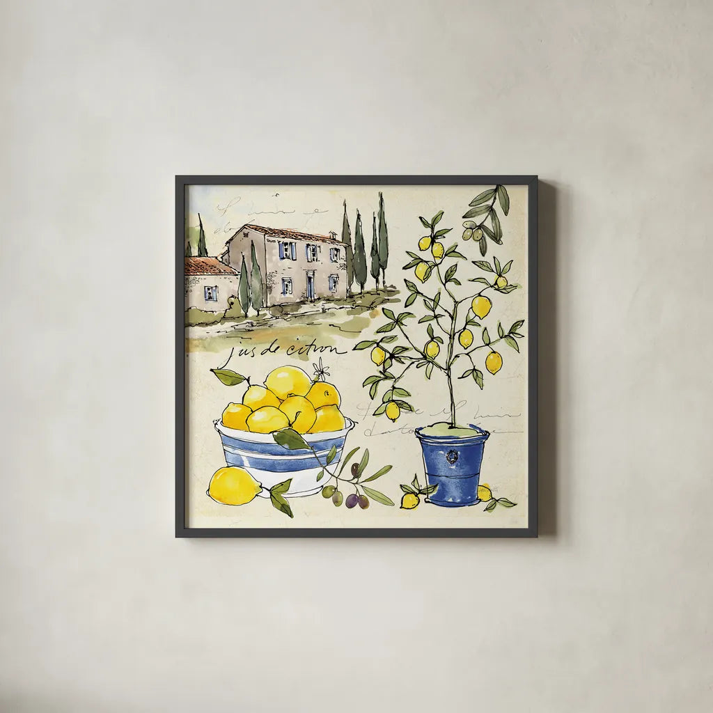 Citron III by Anne Tavoletti. Shown in a sleek black glass frame for a contemporary gallery look. Available as an archival giclee rolled canvas, fine art paper, or poster print. SKU 20546a.