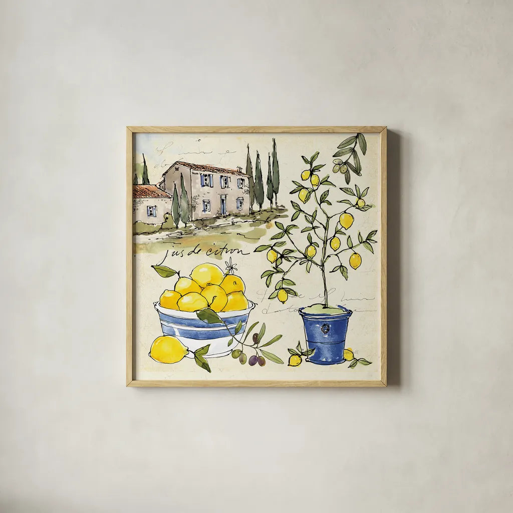 Citron III by Anne Tavoletti. Shown in a natural wood glass frame for a timeless modern aesthetic. Available as an archival giclee rolled canvas, fine art paper, or poster print. SKU 20546a.