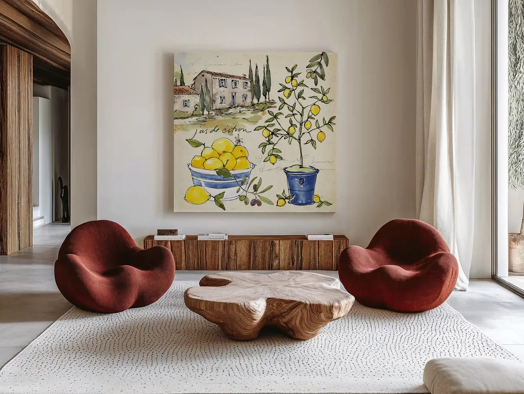 Citron III by Anne Tavoletti. Shown as extra-large giant wall art in a modern living room. Available as an archival giclee rolled canvas, fine art paper, or poster print. SKU 20546a.