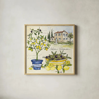 Citron IV by Anne Tavoletti. Shown in a natural wood glass frame for a timeless modern aesthetic. Available as an archival giclee rolled canvas, fine art paper, or poster print. SKU 20547a.