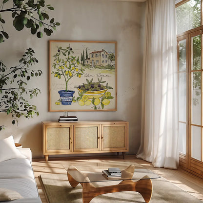 Citron IV by Anne Tavoletti. Shown in a natural wood frame in a cozy modern living room. Available as an archival giclee rolled canvas, fine art paper, or poster print. SKU 20547a.