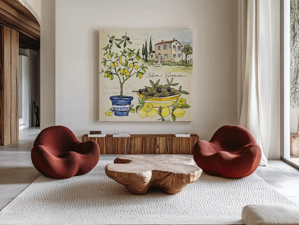 Citron IV by Anne Tavoletti. Shown as extra-large giant wall art in a modern living room. Available as an archival giclee rolled canvas, fine art paper, or poster print. SKU 20547a.