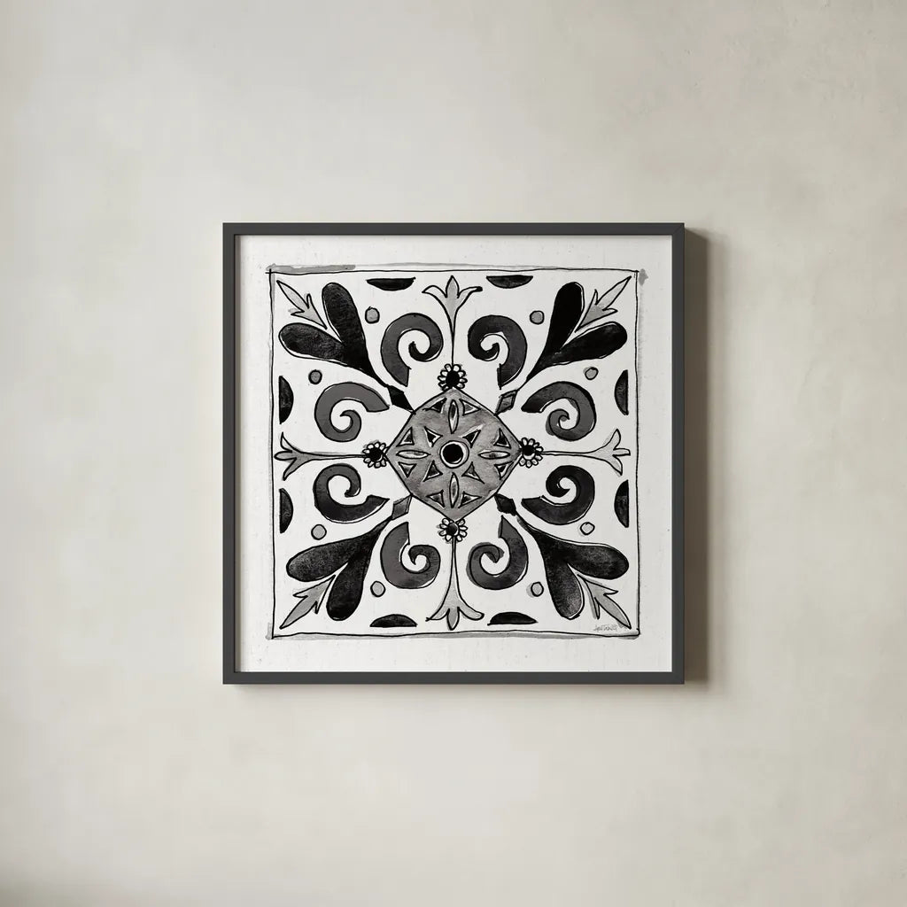 Citron Tiles I BW by Anne Tavoletti. Shown in a sleek black glass frame for a contemporary gallery look. Available as an archival giclee rolled canvas, fine art paper, or poster print. SKU 50540a.