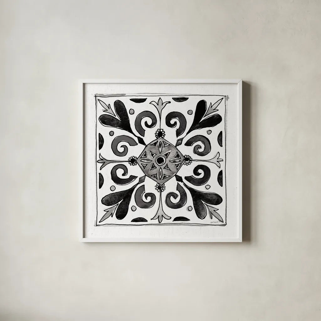 Citron Tiles I BW by Anne Tavoletti. Shown in a crisp white glass frame for a clean and minimalist style. Available as an archival giclee rolled canvas, fine art paper, or poster print. SKU 50540a.