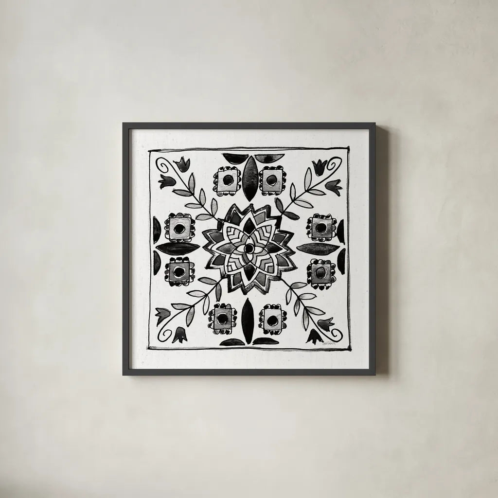 Citron Tiles II BW by Anne Tavoletti. Shown in a sleek black glass frame for a contemporary gallery look. Available as an archival giclee rolled canvas, fine art paper, or poster print. SKU 62470a.