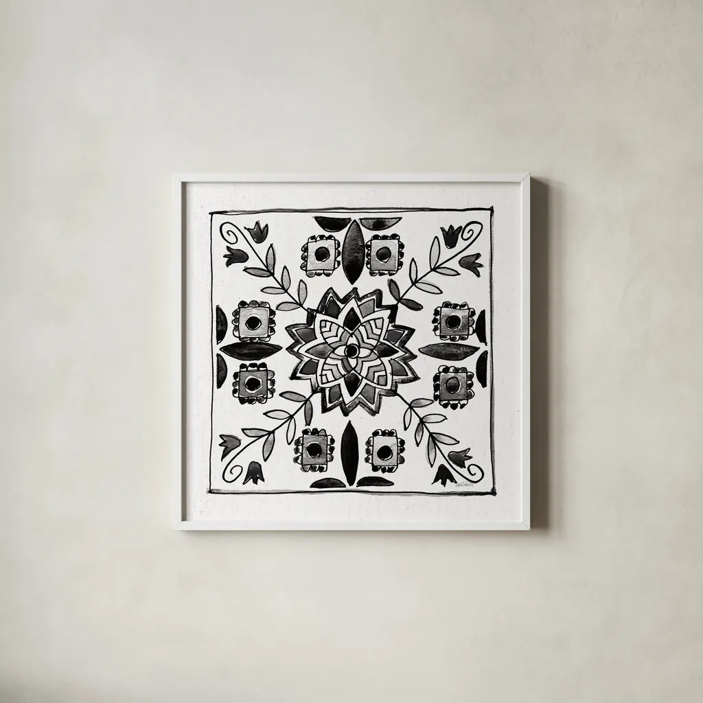 Citron Tiles II BW by Anne Tavoletti. Shown in a crisp white glass frame for a clean and minimalist style. Available as an archival giclee rolled canvas, fine art paper, or poster print. SKU 62470a.