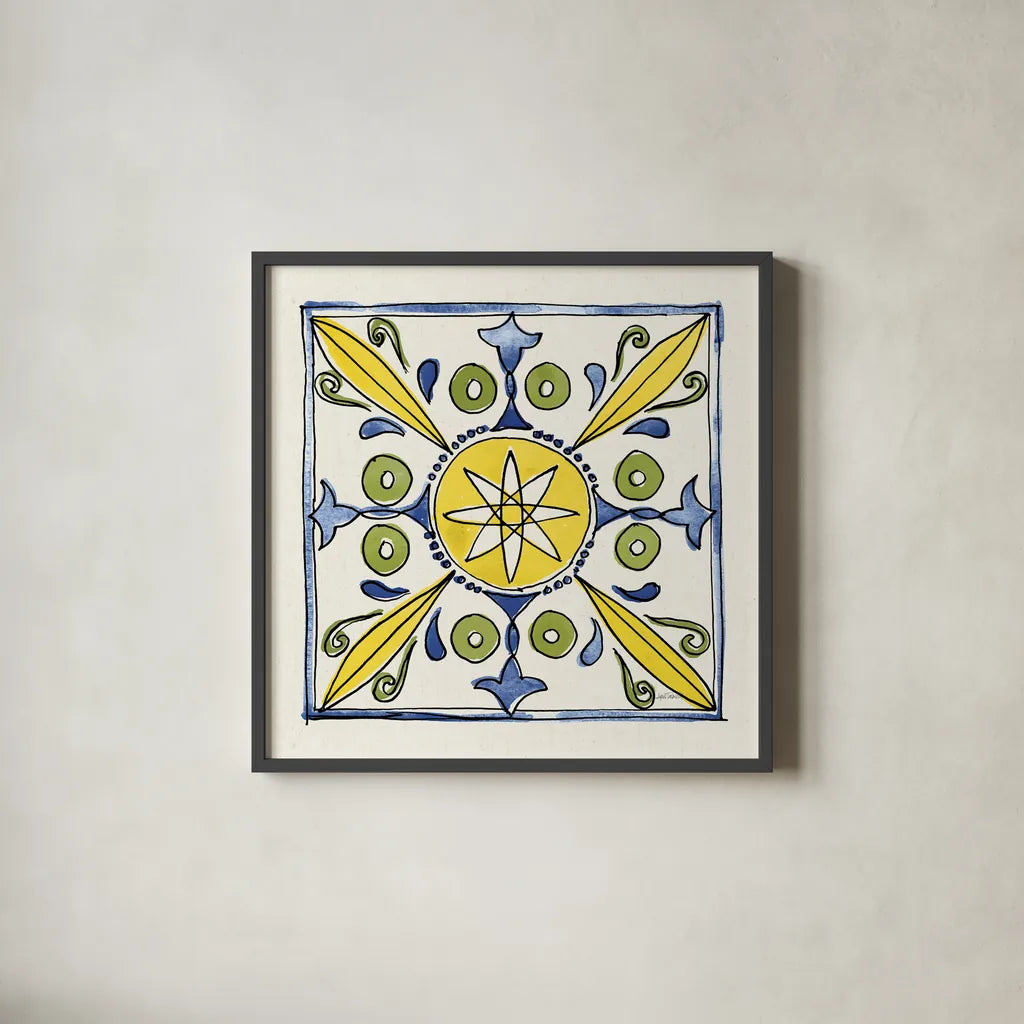 Citron Tiles IV by Anne Tavoletti. Shown in a sleek black glass frame for a contemporary gallery look. Available as an archival giclee rolled canvas, fine art paper, or poster print. SKU 20551a.
