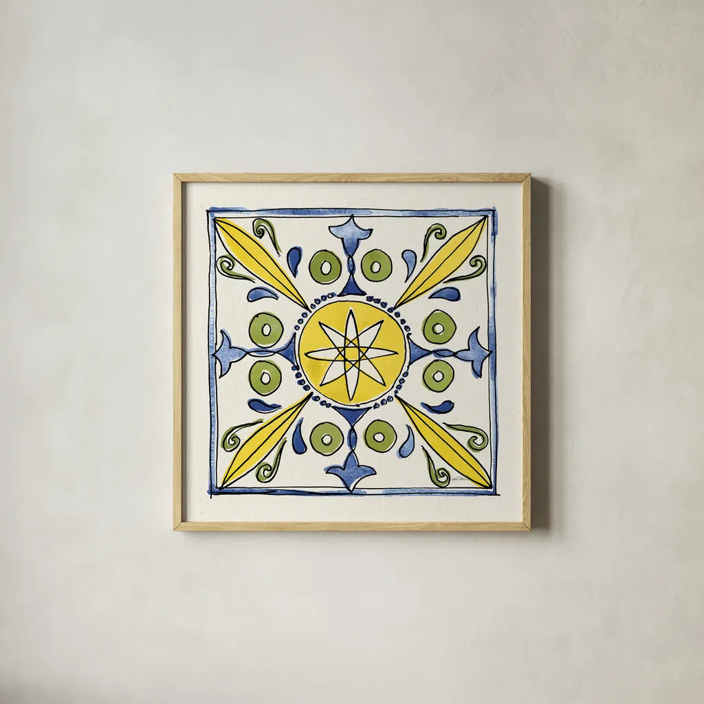 Citron Tiles IV by Anne Tavoletti. Shown in a natural wood glass frame for a timeless modern aesthetic. Available as an archival giclee rolled canvas, fine art paper, or poster print. SKU 20551a.