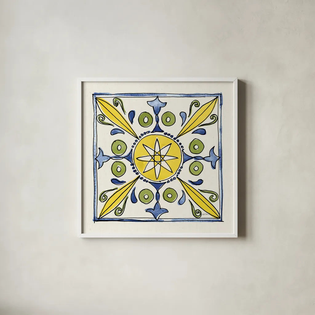 Citron Tiles IV by Anne Tavoletti. Shown in a crisp white glass frame for a clean and minimalist style. Available as an archival giclee rolled canvas, fine art paper, or poster print. SKU 20551a.