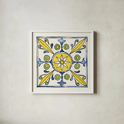 Citron Tiles IV by Anne Tavoletti. Shown in a crisp white glass frame for a clean and minimalist style. Available as an archival giclee rolled canvas, fine art paper, or poster print. SKU 20551a.