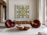 Citron Tiles IV by Anne Tavoletti. Shown as extra-large giant wall art in a modern living room. Available as an archival giclee rolled canvas, fine art paper, or poster print. SKU 20551a.