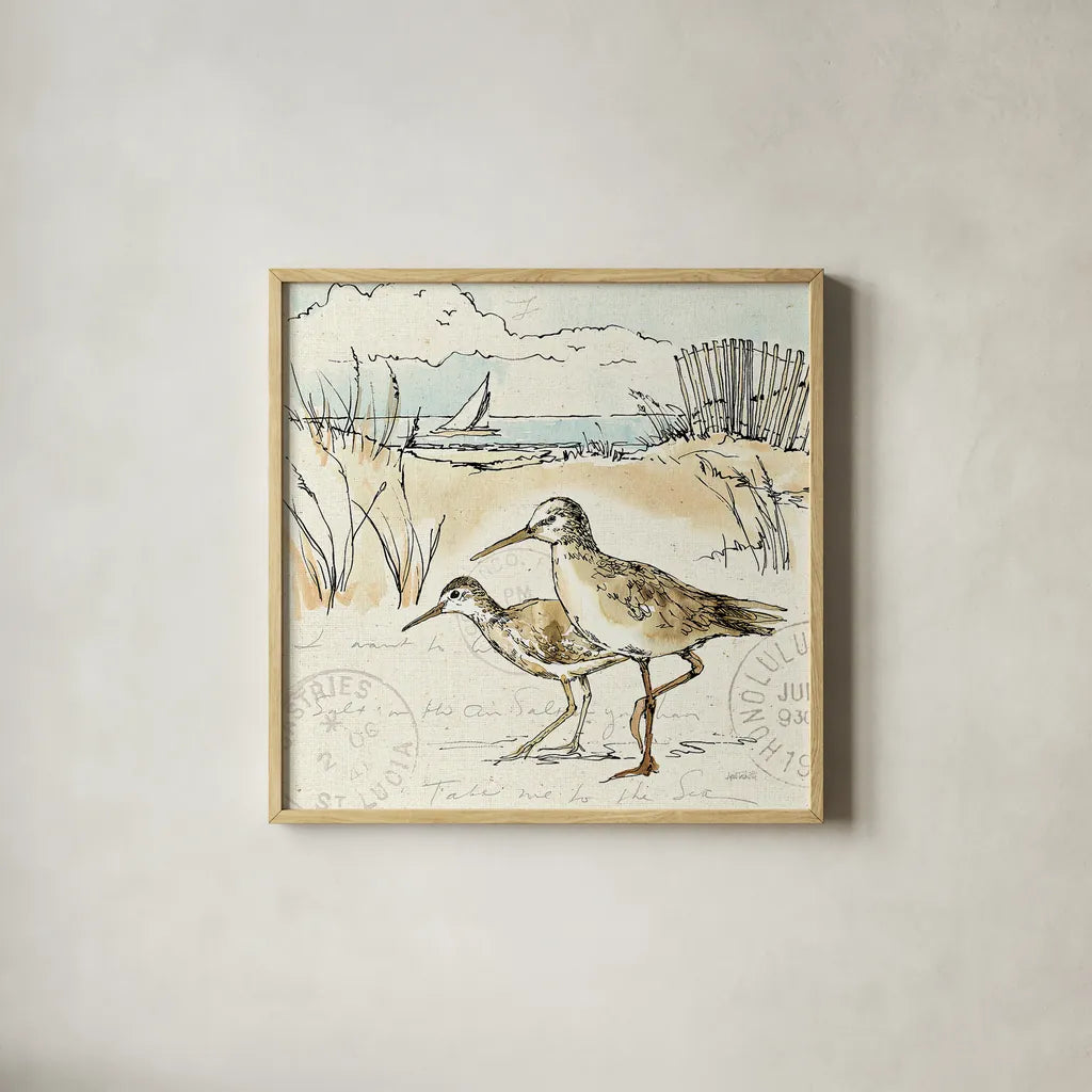 Coastal Breeze IX by Anne Tavoletti. Shown in a natural wood glass frame for a timeless modern aesthetic. Available as an archival giclee rolled canvas, fine art paper, or poster print. SKU 20664a.