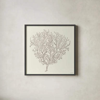 Coastal Breeze Shell Sketches I Silver by Anne Tavoletti. Shown in a sleek black glass frame for a contemporary gallery look. Available as an archival giclee rolled canvas, fine art paper, or poster print. SKU 63505a.