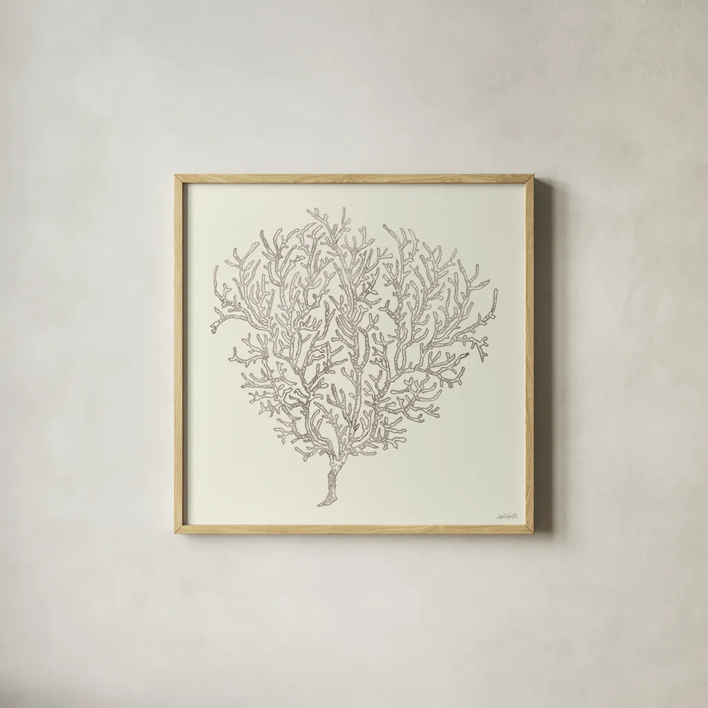 Coastal Breeze Shell Sketches I Silver by Anne Tavoletti. Shown in a natural wood glass frame for a timeless modern aesthetic. Available as an archival giclee rolled canvas, fine art paper, or poster print. SKU 63505a.