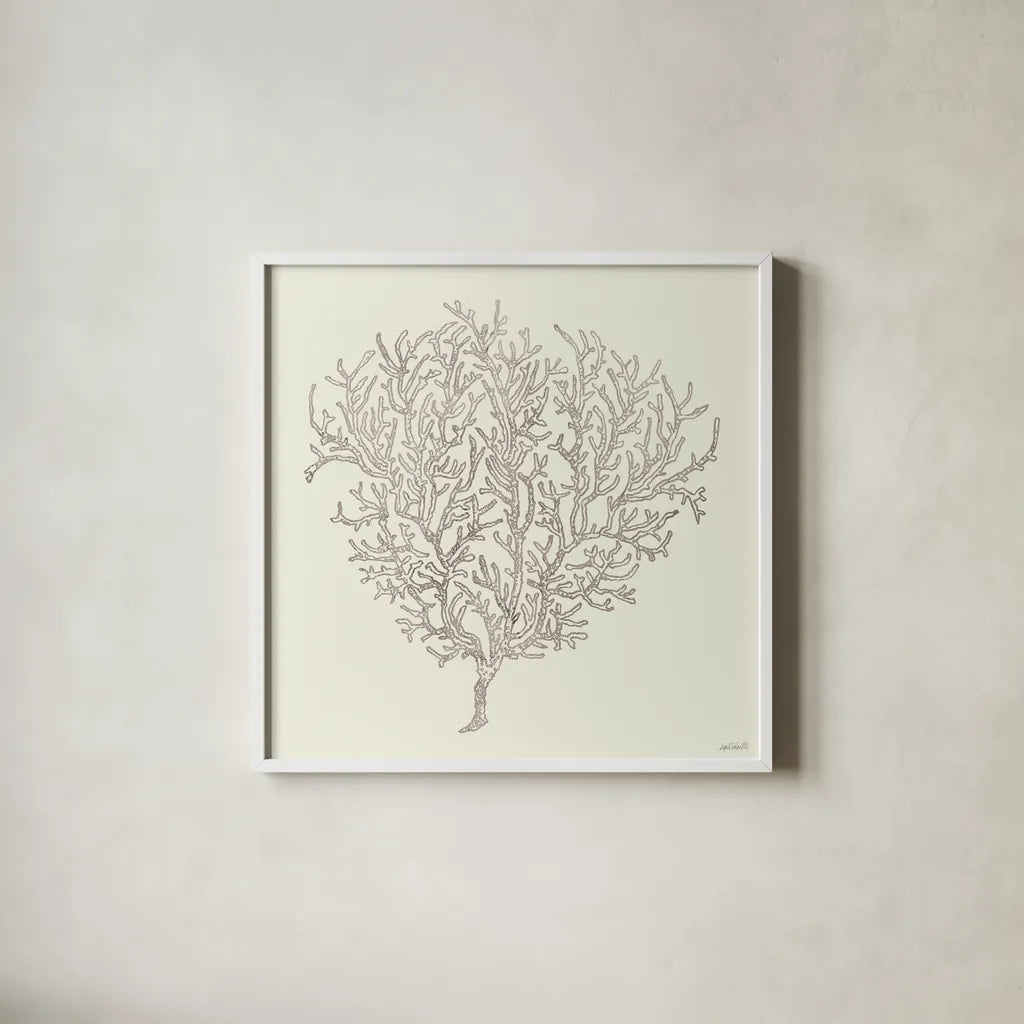 Coastal Breeze Shell Sketches I Silver by Anne Tavoletti. Shown in a crisp white glass frame for a clean and minimalist style. Available as an archival giclee rolled canvas, fine art paper, or poster print. SKU 63505a.