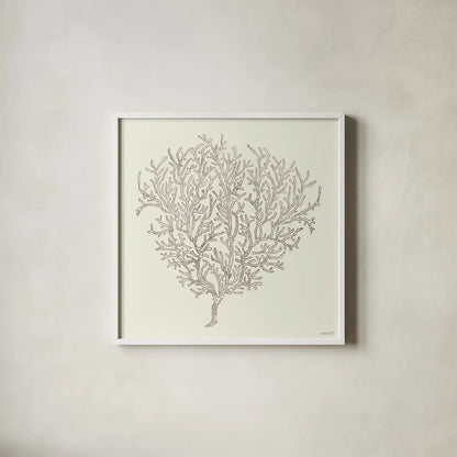 Coastal Breeze Shell Sketches I Silver by Anne Tavoletti. Shown in a crisp white glass frame for a clean and minimalist style. Available as an archival giclee rolled canvas, fine art paper, or poster print. SKU 63505a.