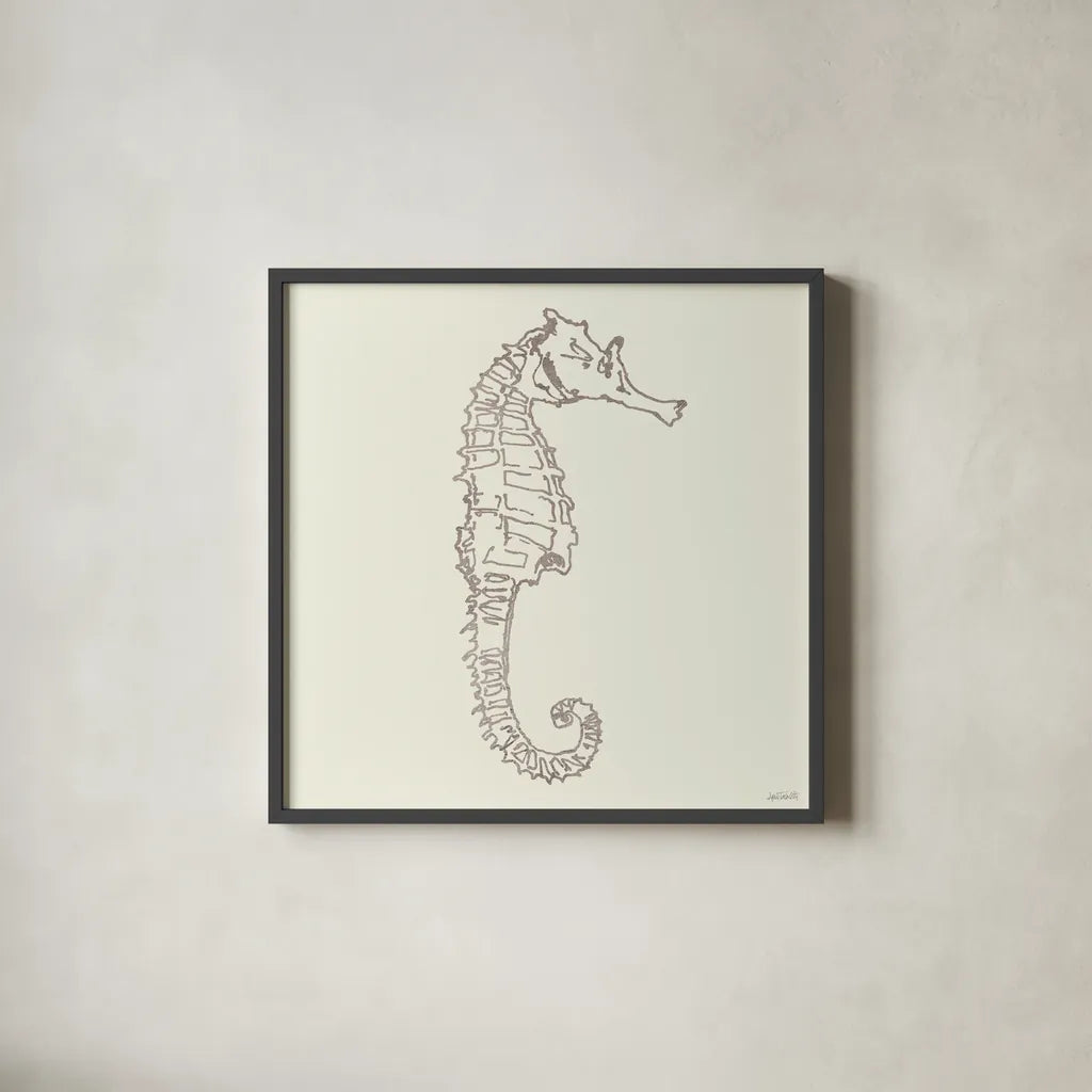 Coastal Breeze Shell Sketches II Silver by Anne Tavoletti. Shown in a sleek black glass frame for a contemporary gallery look. Available as an archival giclee rolled canvas, fine art paper, or poster print. SKU 63506a.