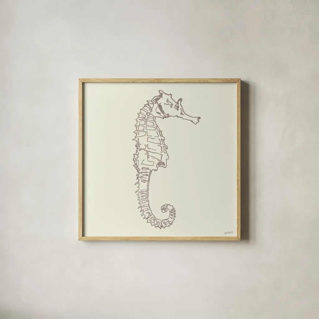 Coastal Breeze Shell Sketches II Silver by Anne Tavoletti. Shown in a natural wood glass frame for a timeless modern aesthetic. Available as an archival giclee rolled canvas, fine art paper, or poster print. SKU 63506a.