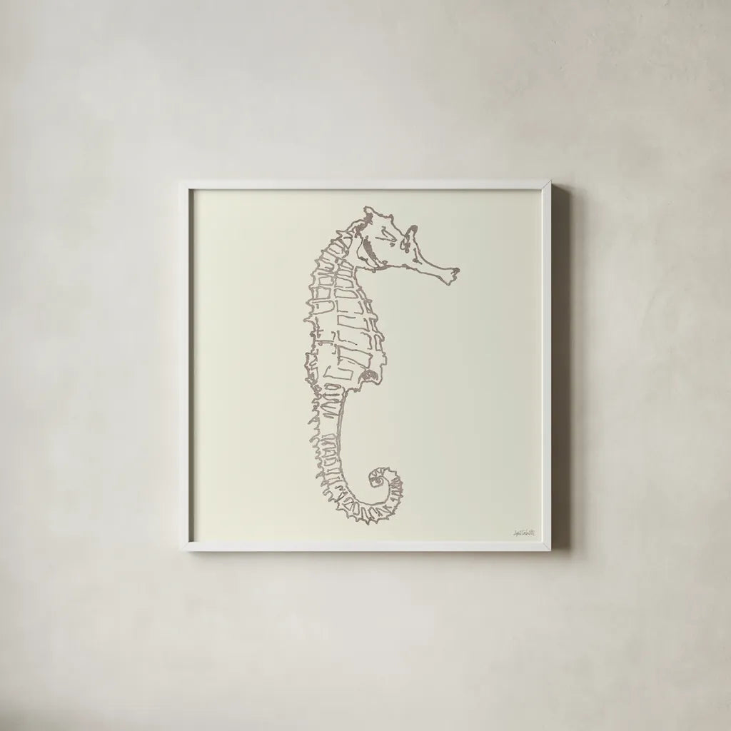 Coastal Breeze Shell Sketches II Silver by Anne Tavoletti. Shown in a crisp white glass frame for a clean and minimalist style. Available as an archival giclee rolled canvas, fine art paper, or poster print. SKU 63506a.