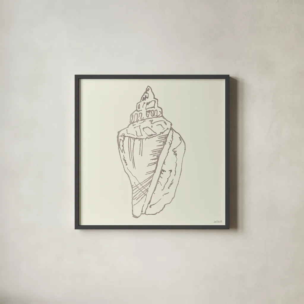 Coastal Breeze Shell Sketches III Silver by Anne Tavoletti. Shown in a sleek black glass frame for a contemporary gallery look. Available as an archival giclee rolled canvas, fine art paper, or poster print. SKU 63507a.