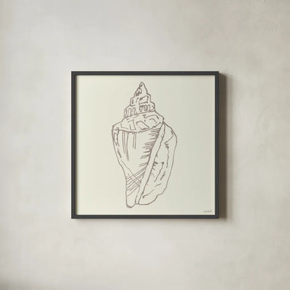 Coastal Breeze Shell Sketches III Silver by Anne Tavoletti. Shown in a sleek black glass frame for a contemporary gallery look. Available as an archival giclee rolled canvas, fine art paper, or poster print. SKU 63507a.