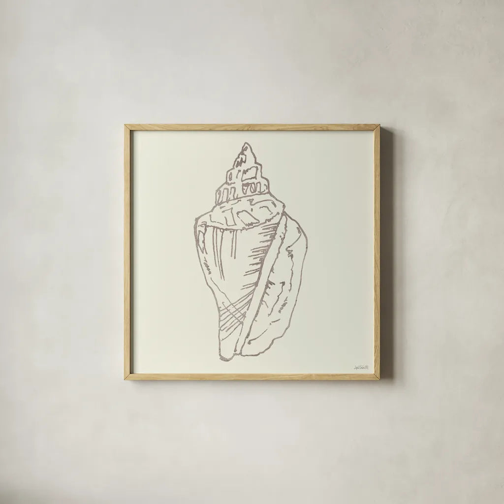 Coastal Breeze Shell Sketches III Silver by Anne Tavoletti. Shown in a natural wood glass frame for a timeless modern aesthetic. Available as an archival giclee rolled canvas, fine art paper, or poster print. SKU 63507a.