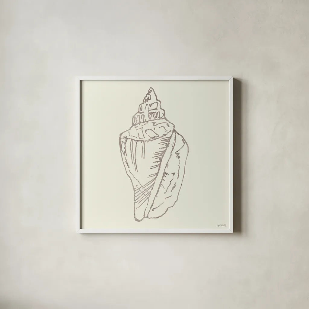 Coastal Breeze Shell Sketches III Silver by Anne Tavoletti. Shown in a crisp white glass frame for a clean and minimalist style. Available as an archival giclee rolled canvas, fine art paper, or poster print. SKU 63507a.