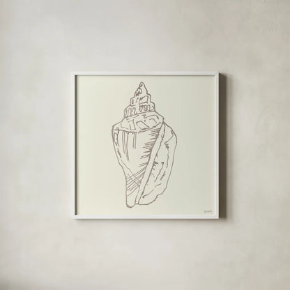 Coastal Breeze Shell Sketches III Silver by Anne Tavoletti. Shown in a crisp white glass frame for a clean and minimalist style. Available as an archival giclee rolled canvas, fine art paper, or poster print. SKU 63507a.